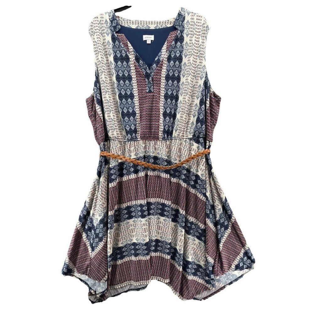 Avenue Handkerchief Hem Belted Stretch Geometric Print Dress Multi Womens 22/24